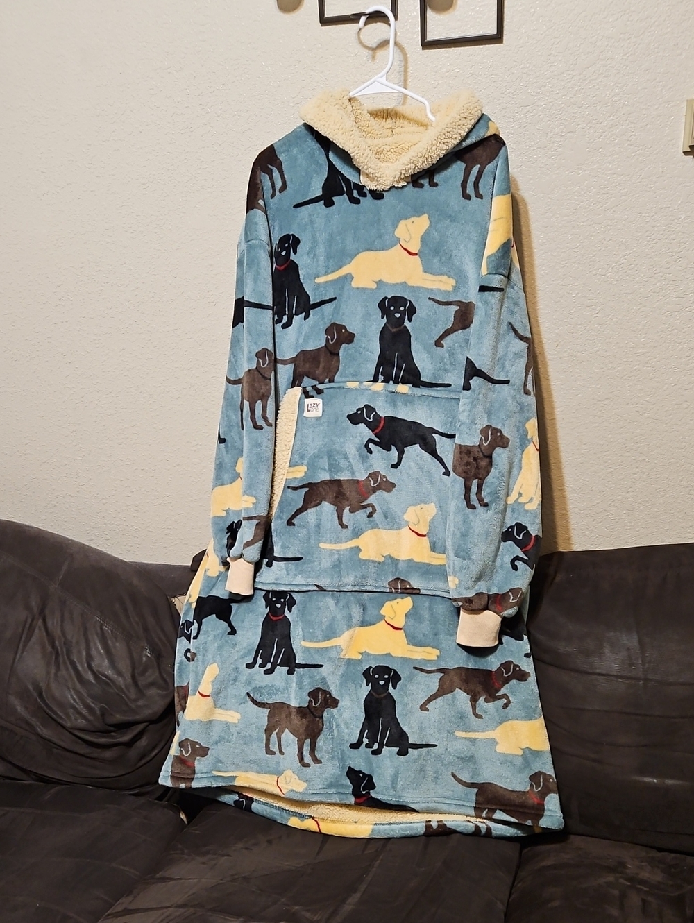 Lazy One Blue & Yellow Dog-Print Hooded Lounge Robe/Wearable Blanket